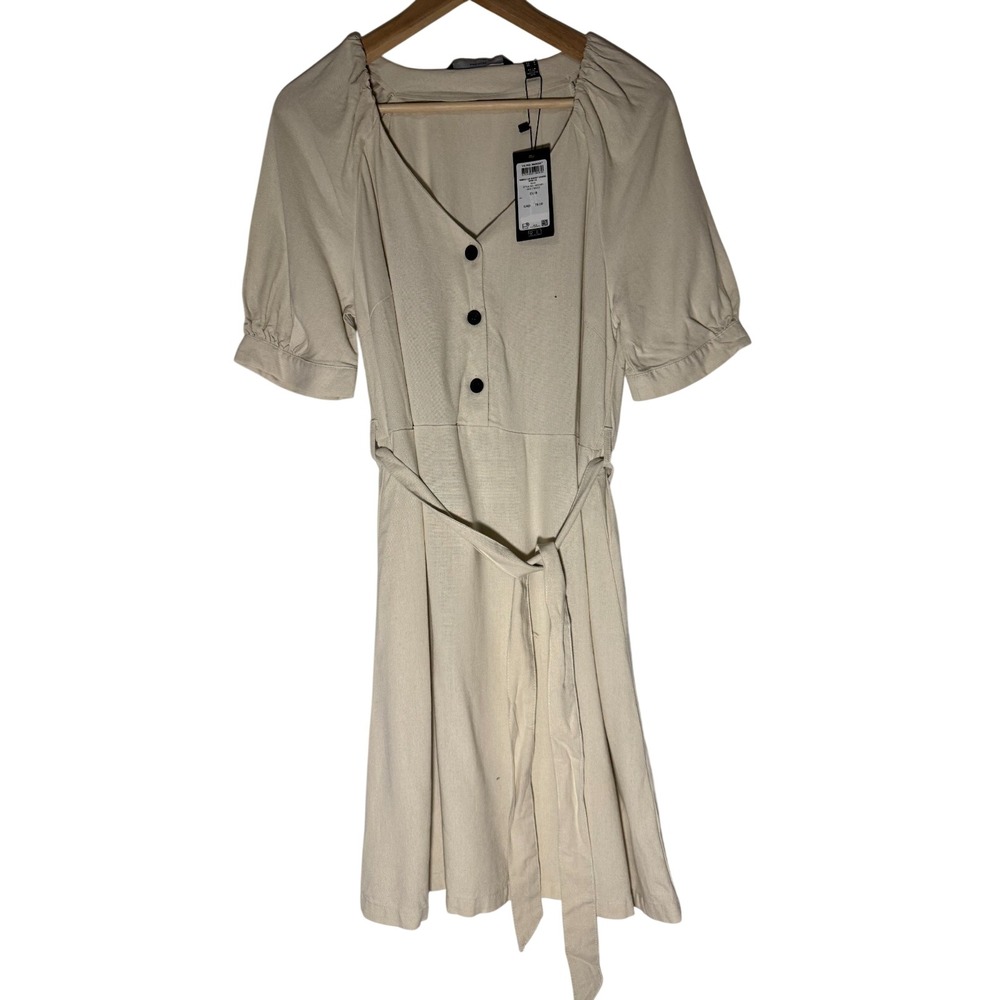 NWT VERO MODA Linen Blend Puff Sleeve Midi Dress Birch Beige Tie Waist Size S
